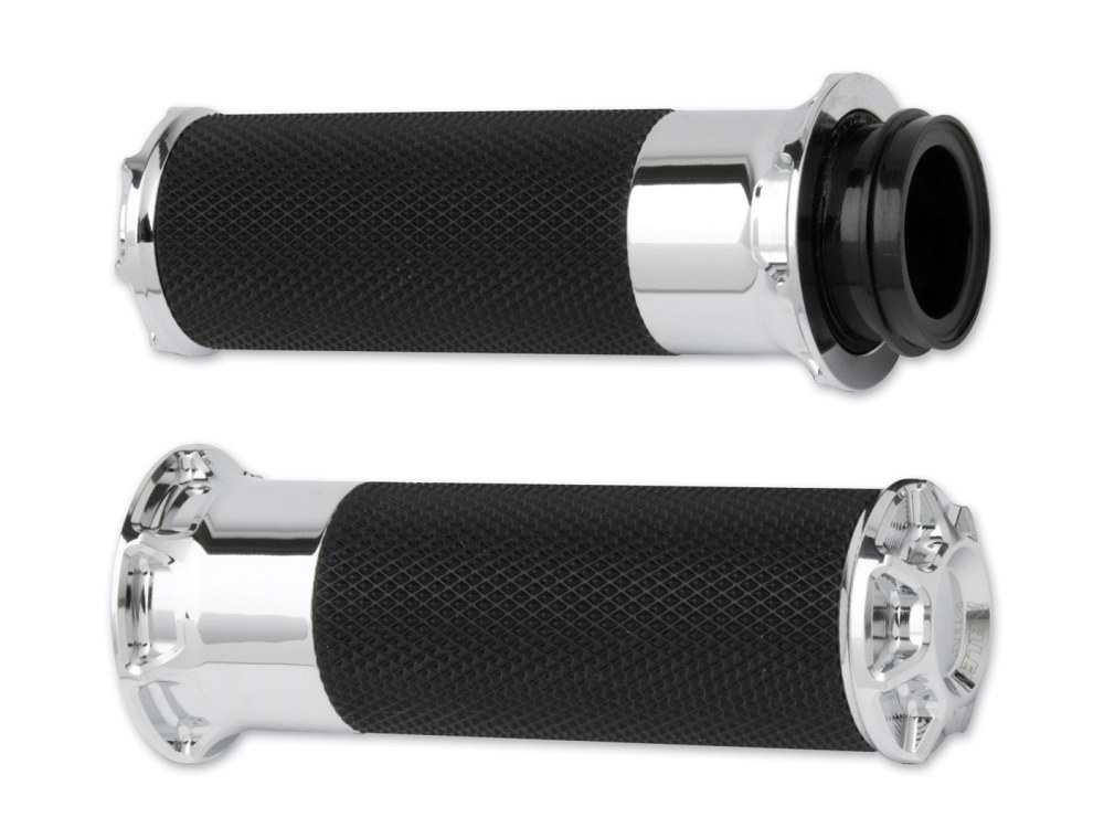 Beveled Fusion Handgrips – Chrome. Fits H-D with Throttle Cable.