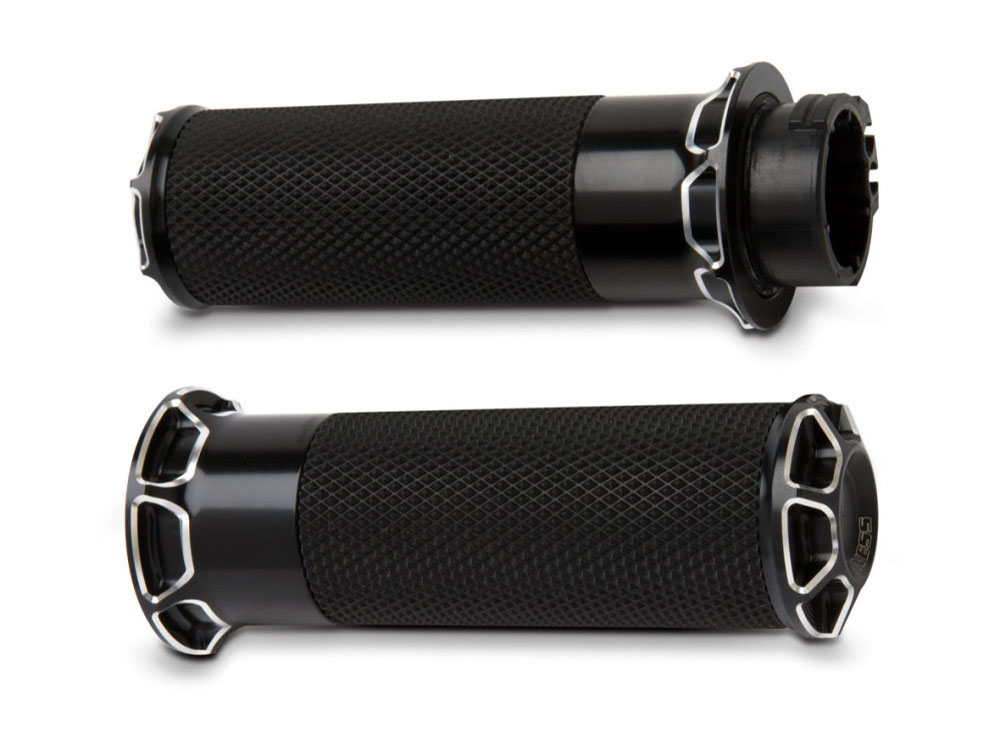 Fusion Beveled Handgrips - Black. Fits H-D with Throttle Cable.
