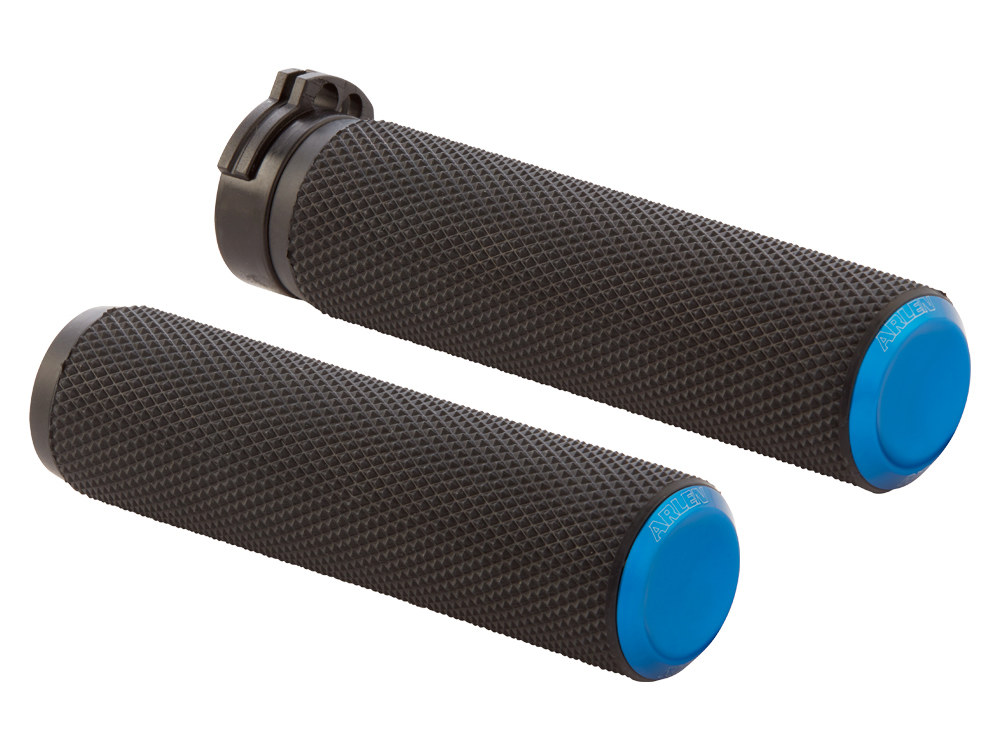 Knurled Fusion Handrips - Blue. Fits H-D with Throttle Cable. - Arlen Ness