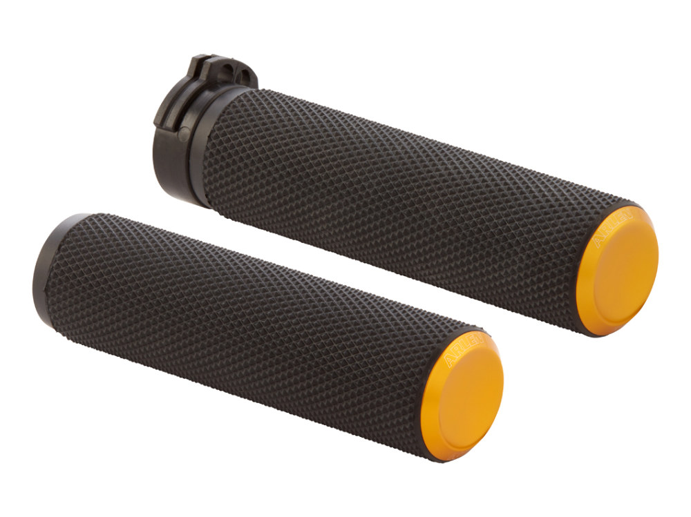 Knurled Fusion Handgrips – Gold. Fits H-D with Throttle Cable.