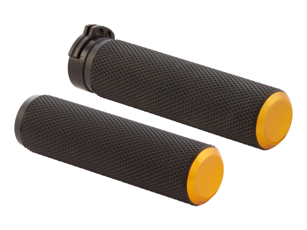 Knurled Fusion Handgrips - Gold. Fits H-D with Throttle Cable.
