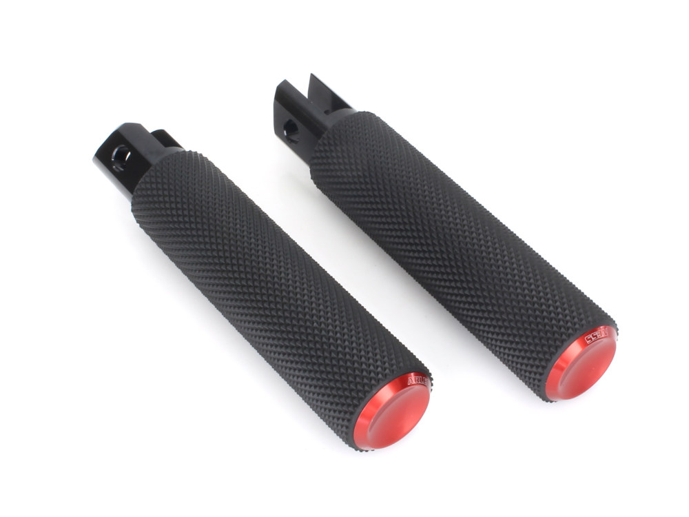 Knurled Fusion Front Footpegs – Red. Fits Softail 2018up.