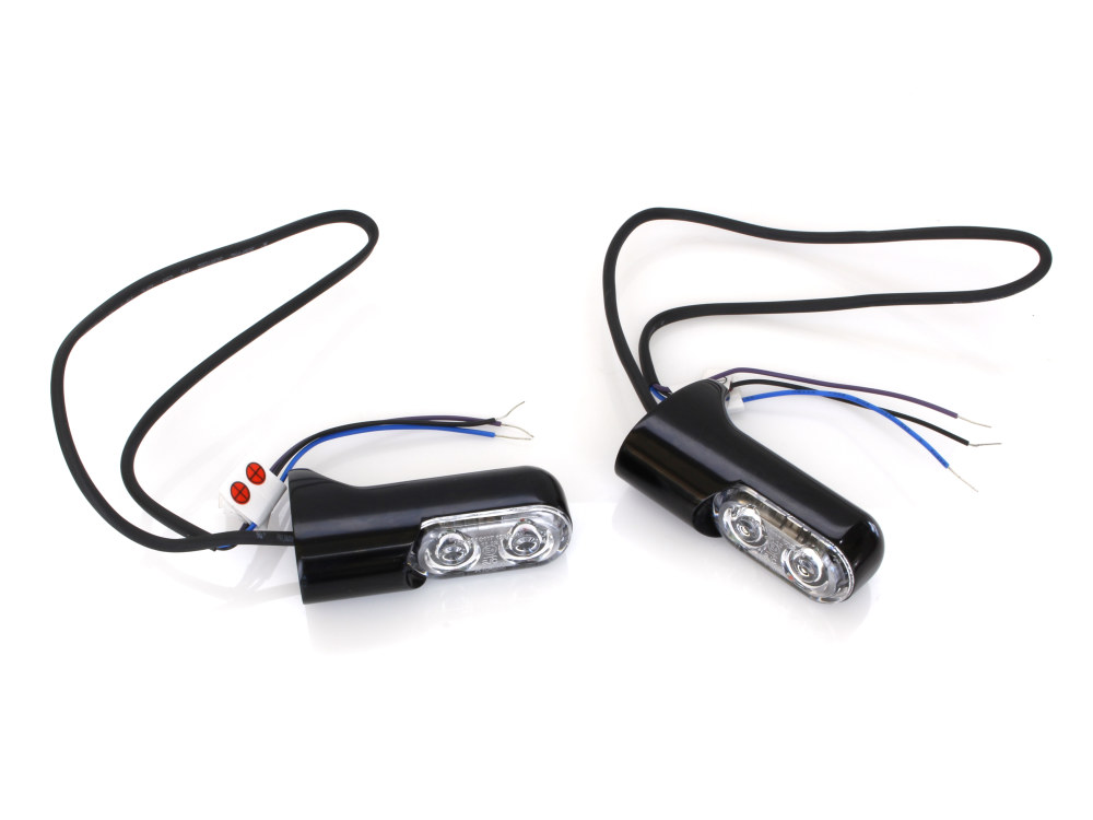 Rear Turn Signals with Power Amber LED – Black. Fits Softail 2000up, Dyna 2000-2017 & Sportster 2000-2021.