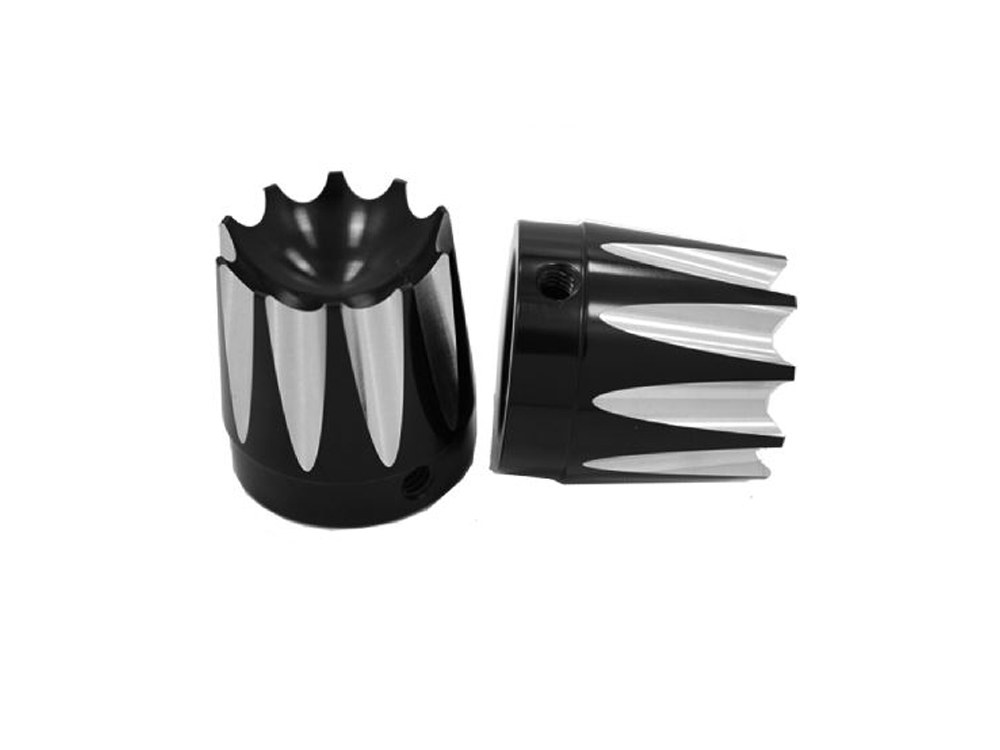 Excalibur Front Axle Caps – Black. Fits Softail, Dyna, Touring & Sportster with 3/4in. Axle.