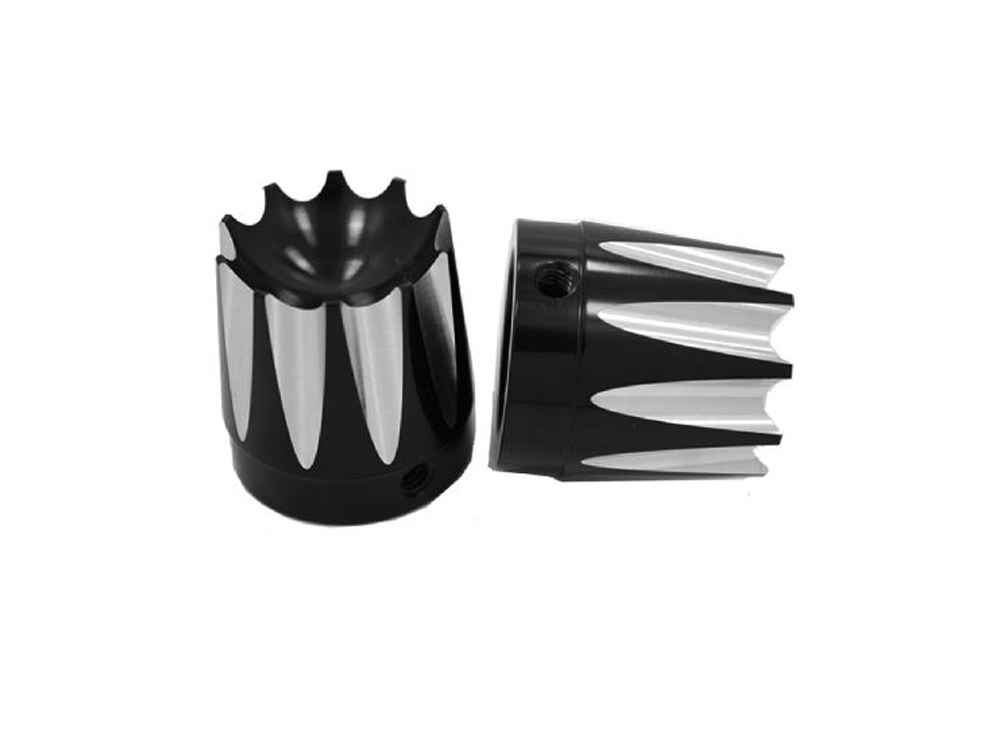 Excalibur Front Axle Caps – Black. Fits Softail, Dyna, Touring, Sportster, Street & V-Rod with 25mm Axle.
