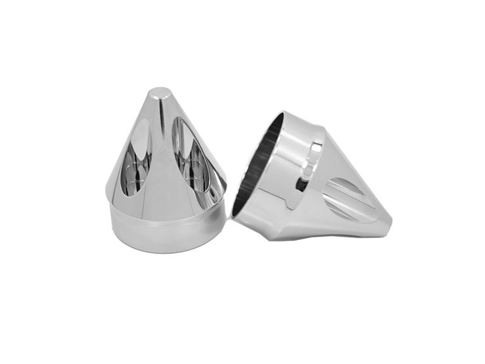 Spike Front Axle Caps - Chrome. Fits Softail 1984-2006, Dyna 1991-2003, Touring 1980-1999, Sportster 1988-2007, FXR 1982-1994 & FXWG 1980-1986