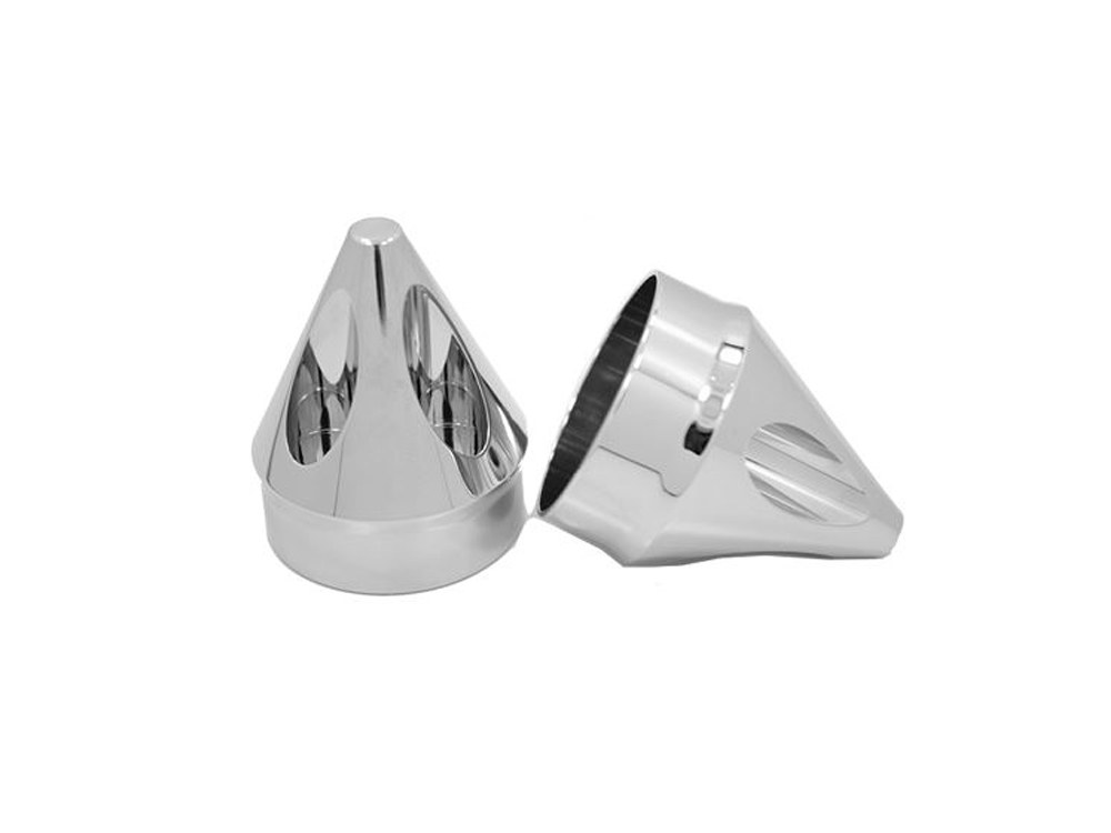 Spike Front Axle Caps – Chrome. Fits Softail, Dyna, Touring, Sportster, Street & V-Rod with 25mm Axle.