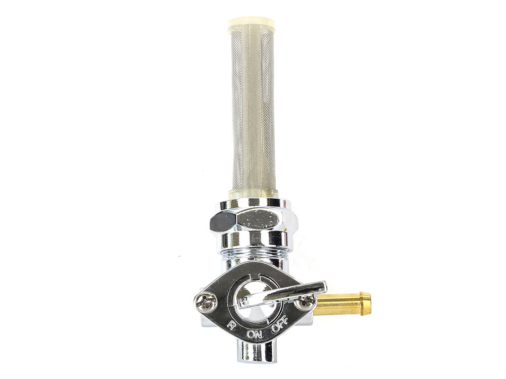 Fuel Tap / Petcock with 22mm Thread, 5/16in. Backward Facing Fuel Outlet - Chrome. Fits Softail 1984-2006, Dyna 1991-2006, FXR 1982-1994, Touring 1988-2006, Sportster 1975-2006 & 4Spd Big Twin 1975-1986