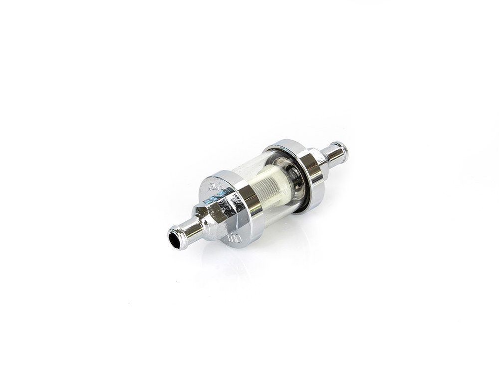 Short See-Flow Glass Inline Fuel Filter with 5/16in. Hose Fitting – Chrome.