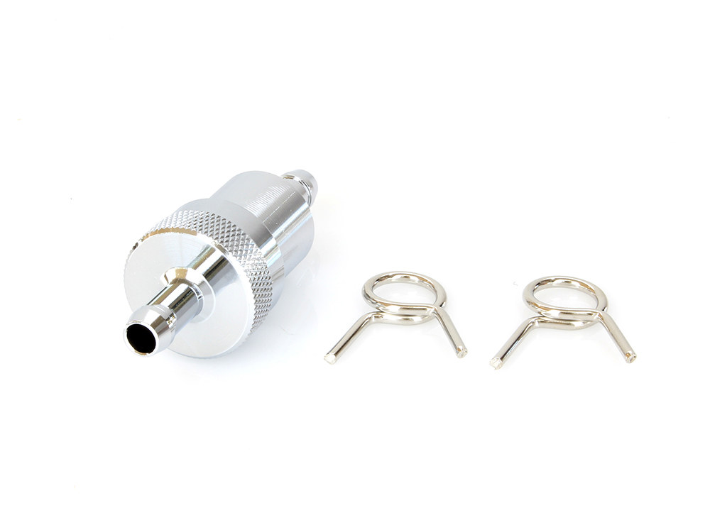 Short Inline Fuel Filter with 5/16in. Hose Fitting – Chrome.