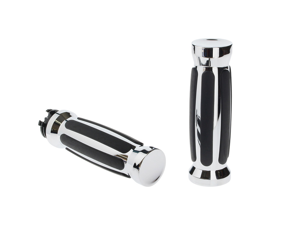 Barrel Style Handgrips – Chrome. Fits H-D with Throttle Cable.
