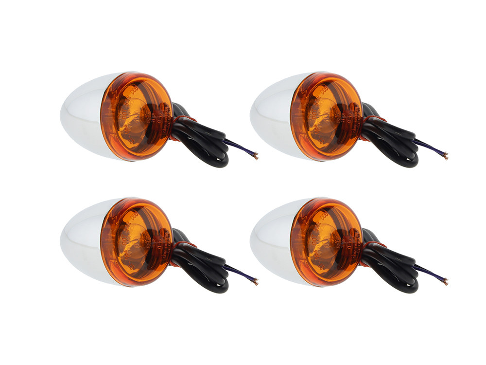 Bullet Turn Signal Kit with Amber Lens – Chrome. Fits Softail 2000-2017, Dyna 1991-2017 & Sportster 1990-2003.