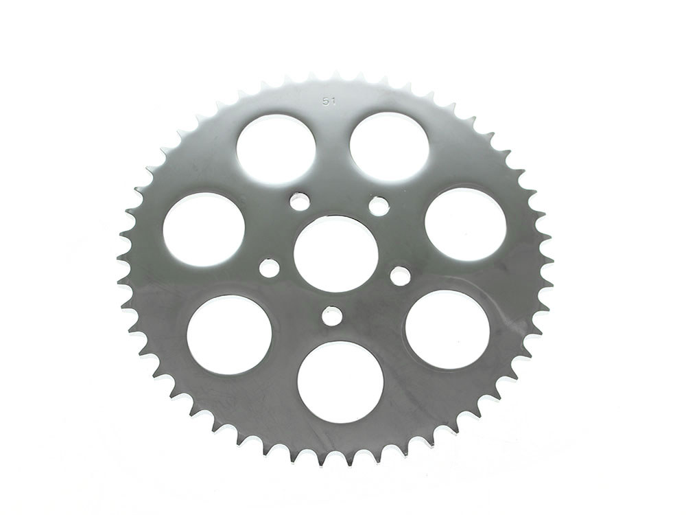 51 Tooth, Flat Steel Rear Chain Sprocket - Chrome. Fits Big Twin 1973-1999 & Sportster 1979-1999.