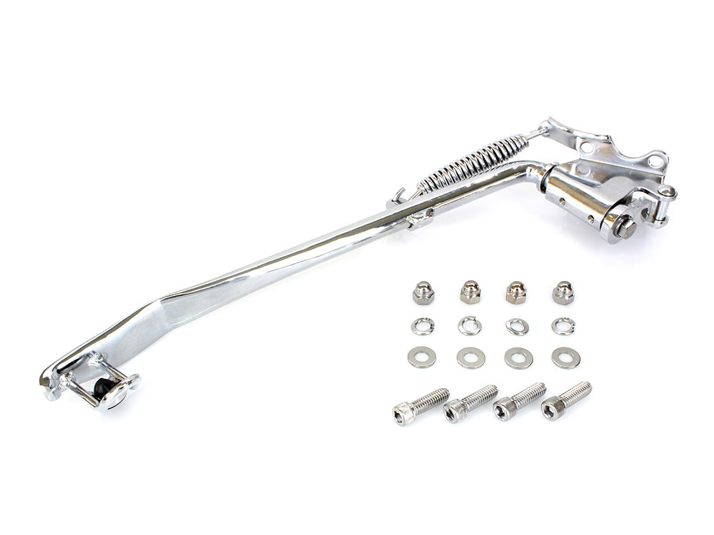 Jiffy Stand Kit – Chrome. Fits Softail 1989-2006 & Retro-Fits Big Twin 1936-86 with 4 Speed Transmissions.