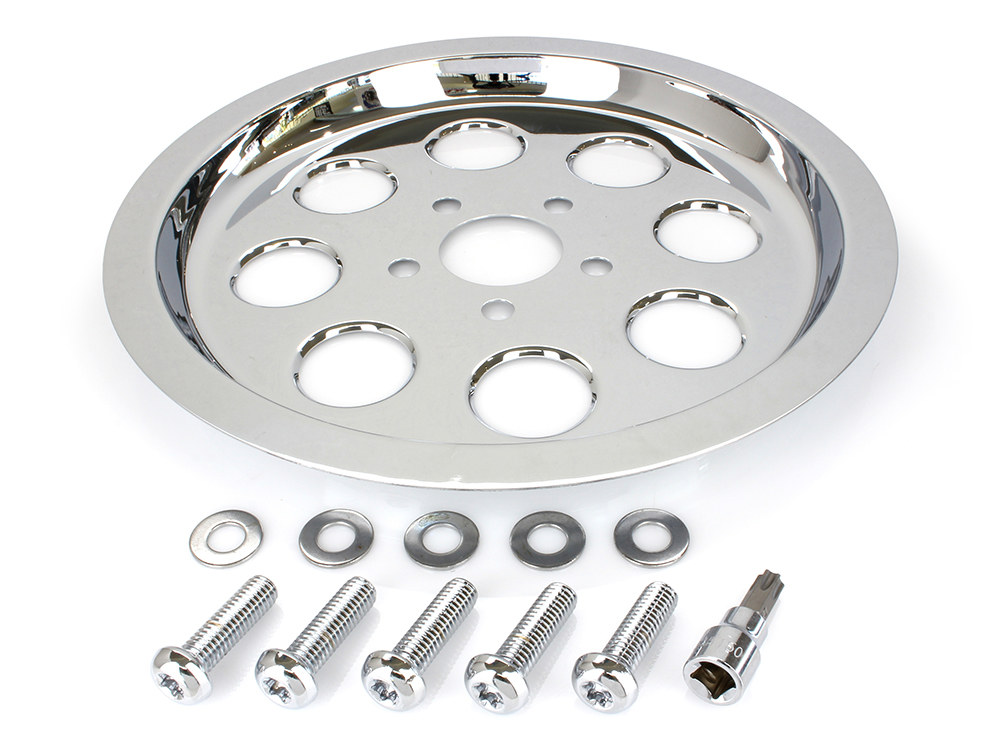 Rear Pulley Cover - Chrome. Fits Big Twin 1987-1999 with 70 Tooth Pulley.