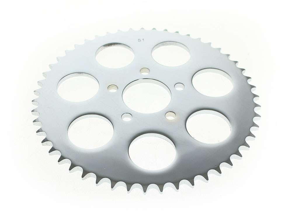 51 Tooth, Flat Steel Rear Chain Sprocket - Chrome. Fits Big Twin 2000up & Sportster 2000-2021.
