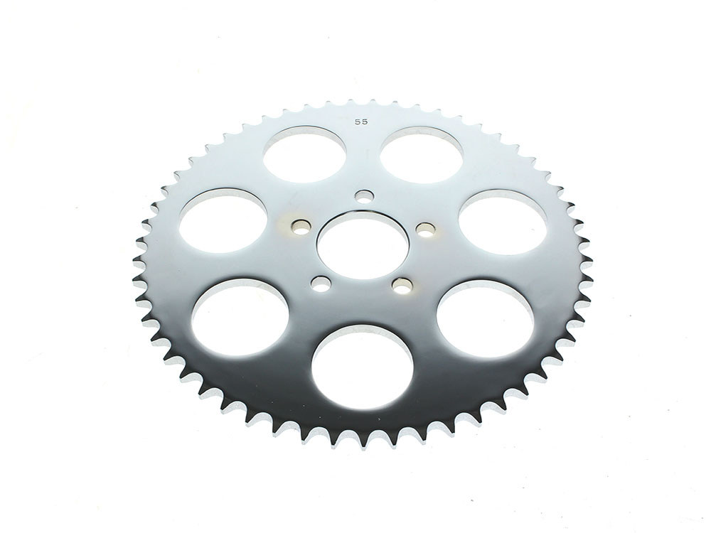 55 Tooth, Flat Steel Rear Chain Sprocket - Chrome. Fits Big Twin 2000up & Sportster 2000-2021.
