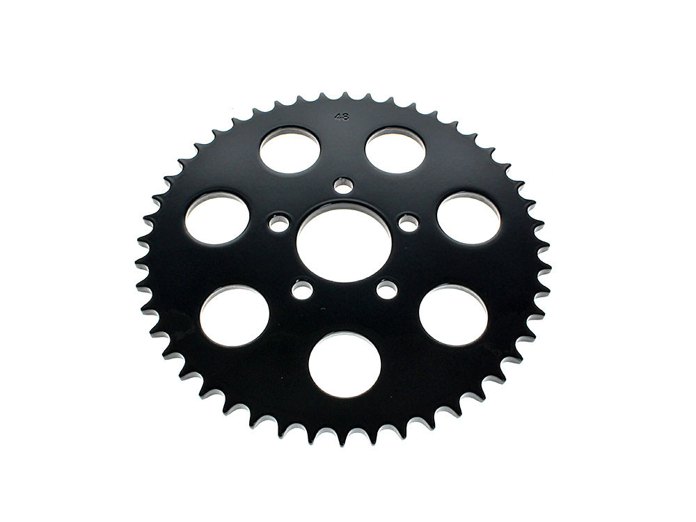 48 Tooth, Flat Steel Rear Chain Sprocket – Gloss Black. Fits Big Twin 2000up & Sportster 2000-2021.