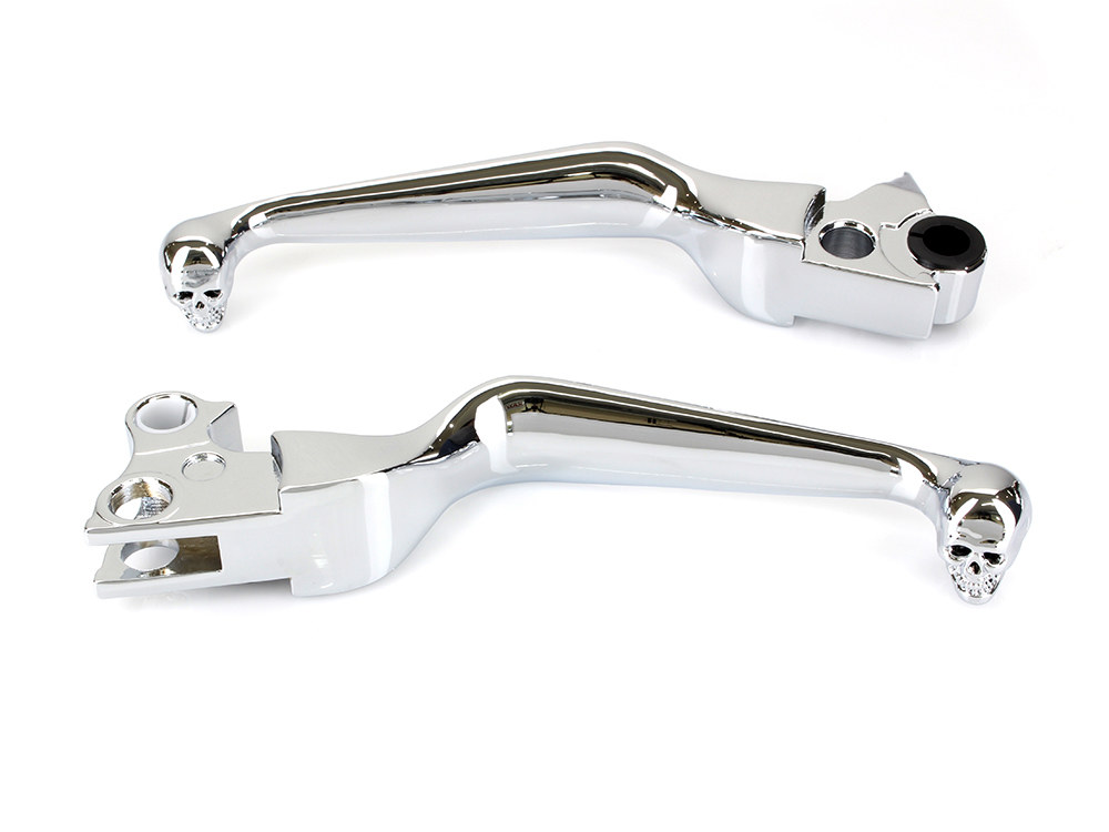 Hand Levers with Custom Skull Head Ends – Chrome. Fits Big Twin 1996-2006 & Sportster 1996-2003.