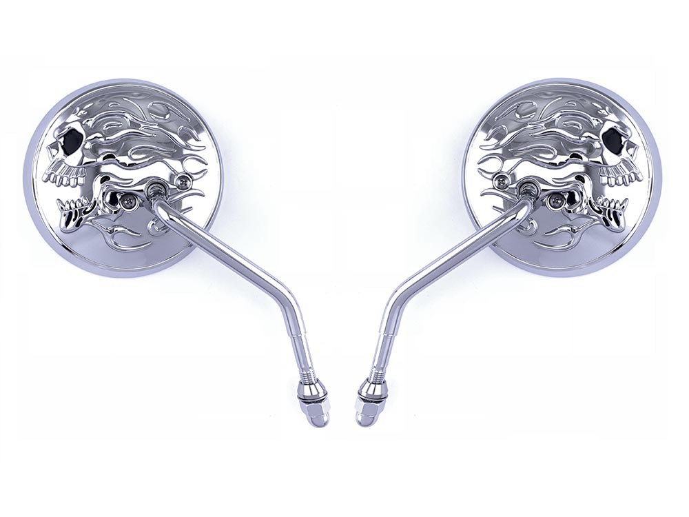 4in. Round Mirrors – Chrome with Chrome Flaming Skull.