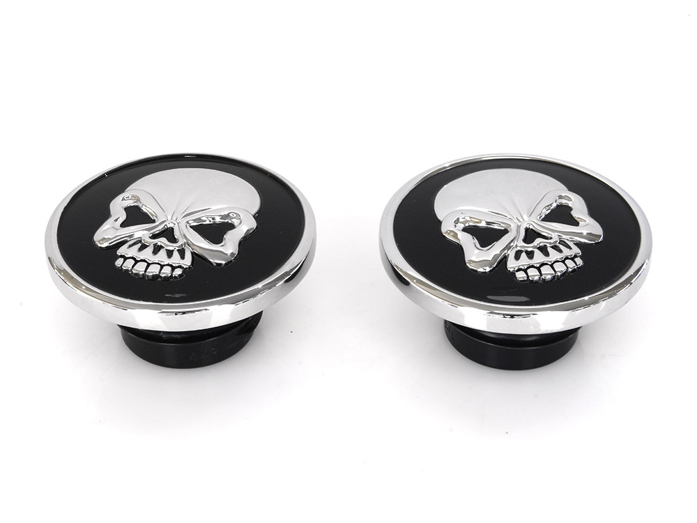 Screw-In Fuel Caps – Chrome & Black Skull. Fits H-D 1982-1995.