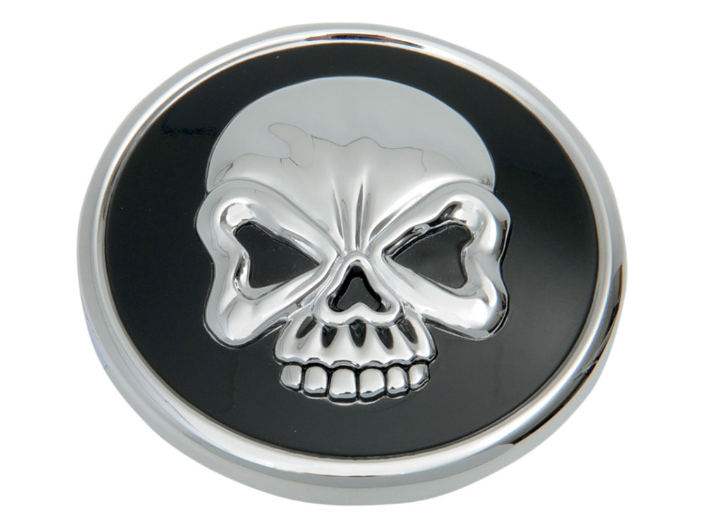 Right Hand Vented Skull Screw-In Fuel Cap – Chrome & Black. Fits H-D Big Twin 1996up & Sportster 1996-2021.