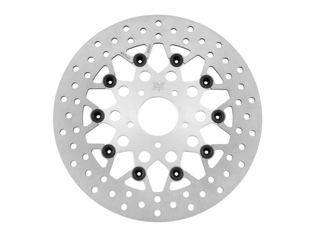 11.8in. Front Mesh Design Floating Disc Rotor – Silver. Fits Dyna 2006-2017, Softail 2015up, Sportster 2014-2021 & Some Touring 2008-2023