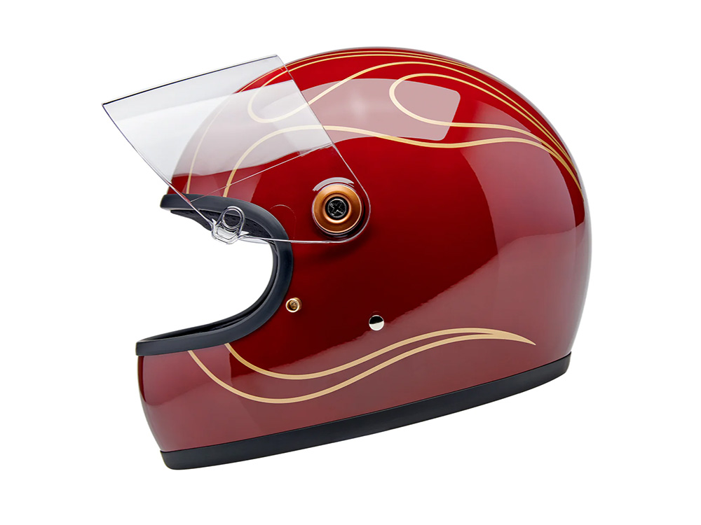 BIL Gringo S Helmet - Gloss Garnet Red with Flames. Size Large with ECE R22.06 Compliance