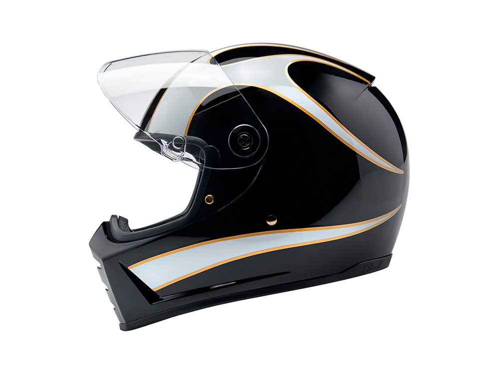 BIL Lane Splitter Helmet - Gloss Black with Gloss White Flames. Size Medium with ECE R22.06 Compliance