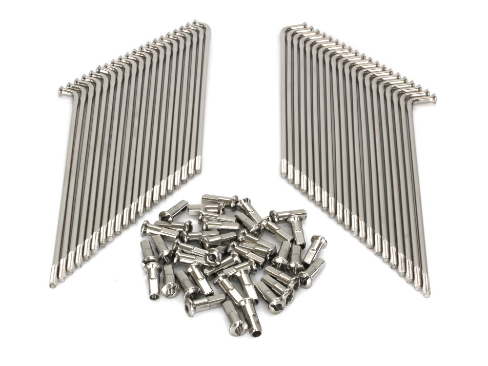 19in. Spokes - Polished Stainless Steel. Fits Original Style H-D Deep Drop Center Rim when used in conjunction with Narrow Glide Hub 1973up & OEM H-D Mid Glide Front Hub 2006up.