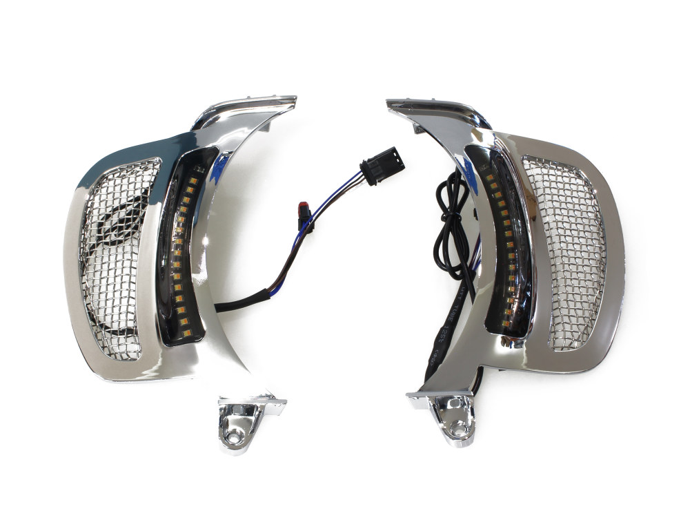 Dynamic LED Vent Inserts With Amber & White LED’s – Chrome with Stainless Mesh. Fits Road Glide 2015up.