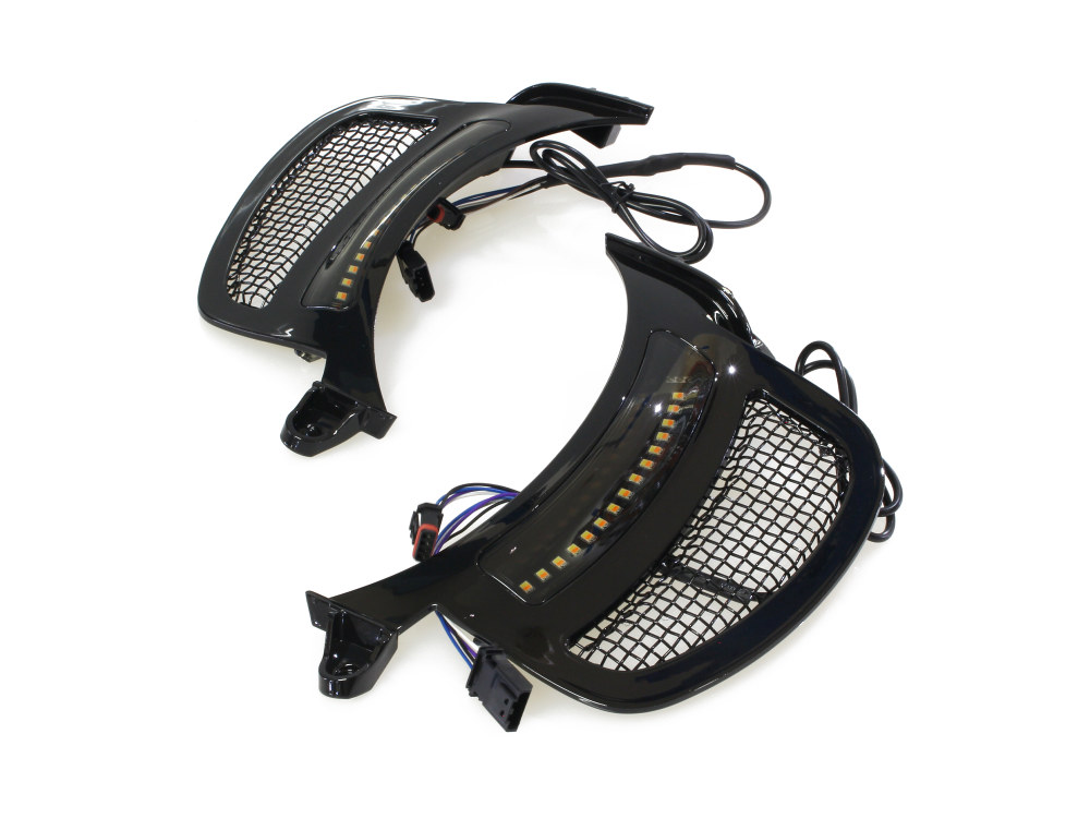 Dynamic LED Vent Inserts With Amber & White LED’s – Black with Black Mesh. Fits Road Glide 2015up.