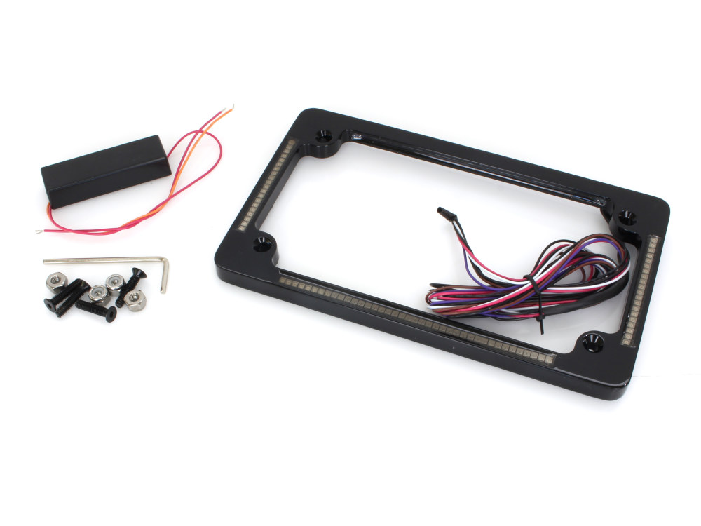 Flat Number Plate Frame with LED Amber Turn Signals & Red Brake Light – Black.