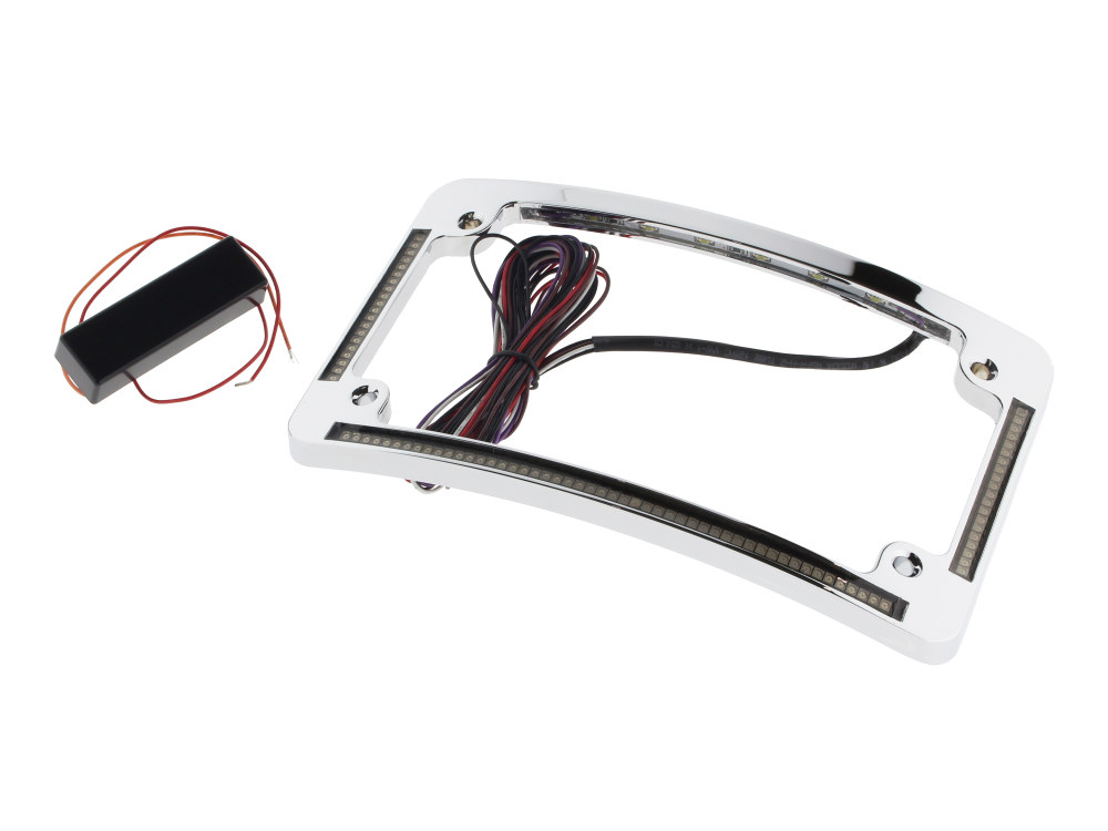Curved Number Plate Frame with LED Amber Turn Signals & Red Brake Light – Chrome.