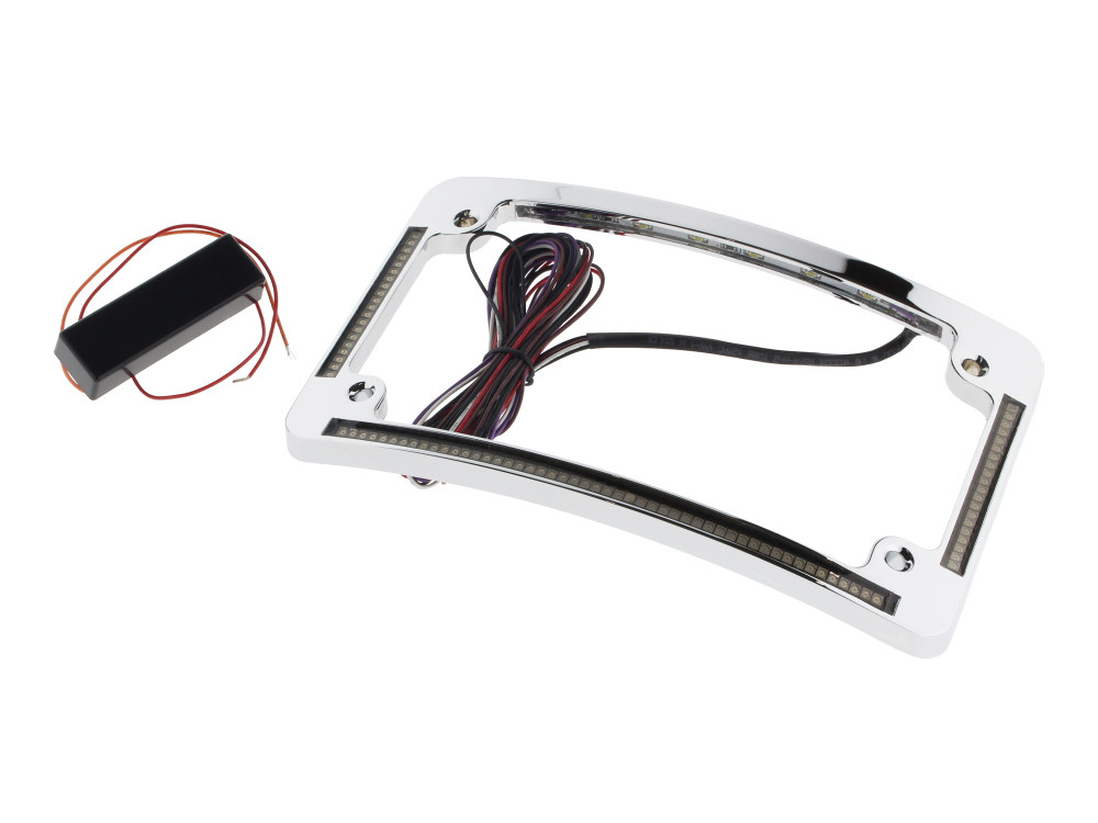 Curved Number Plate Frame with LED Amber Turn Signals & Red Brake Light - Chrome.