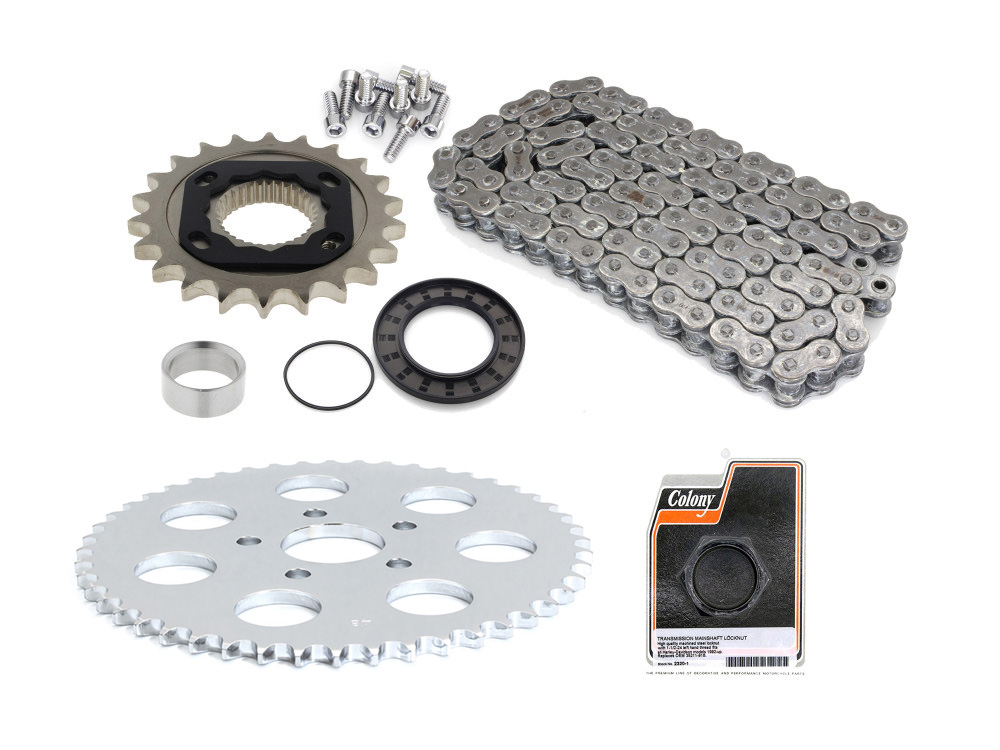 Rear Drive Belt to Chain Conversion. Fits Sportster 1991-1999. Chrome Rear Sprocket. Final Drive Ratio = 2.18:1