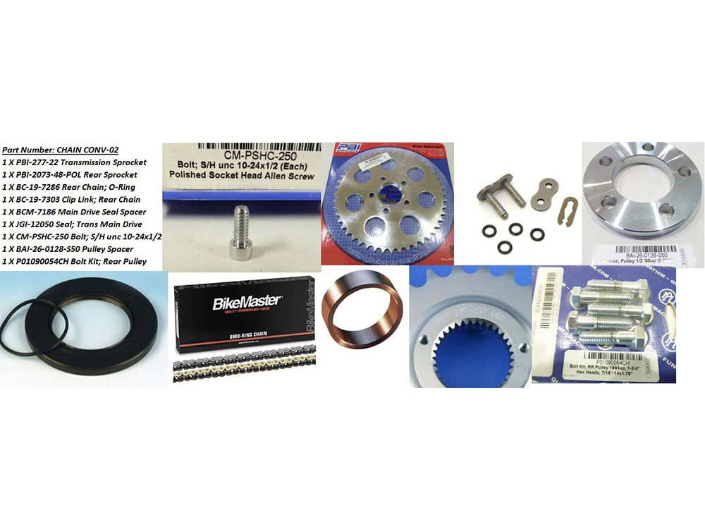 Rear Drive Belt to Chain Conversion. Fits Sportster 2004-2005. Chrome Rear Sprocket. Final Drive Ratio = 2.18:1