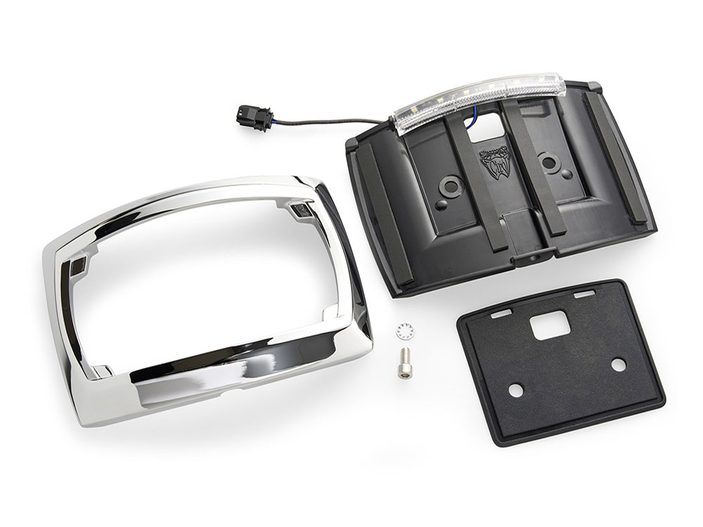 Curved Number Plate Frame with Number Plate Light Only - Chrome. Fits CVO Touring 2023up & Street Glide & Road Glide 2024up