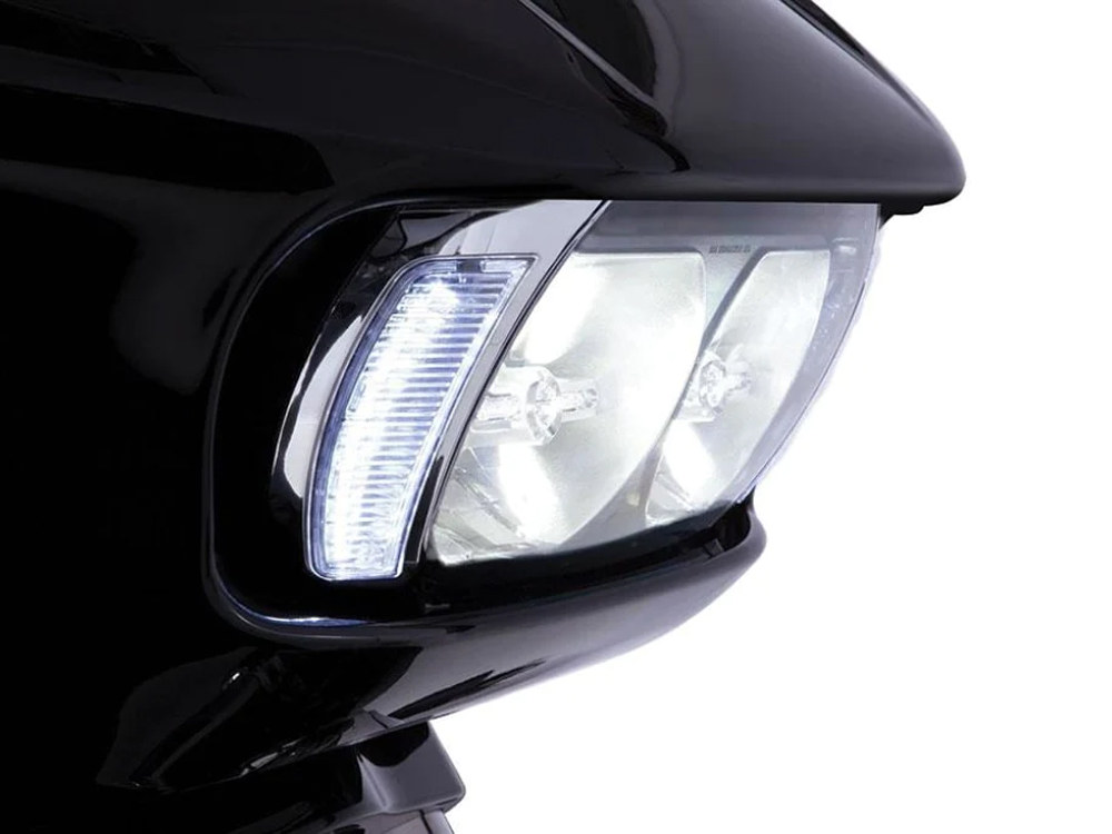 Fang LED Headlight Bezel Vent Inserts With Amber & White LED’s – Chrome. Fits Road Glide 2015-2023