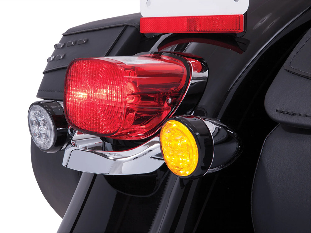 Fang LED Amber Turn Signal Inserts With Clear Lenses & Black Bezel. Fits Front and Rear on most Models With OEM Bullet Style Indicators 2002up.