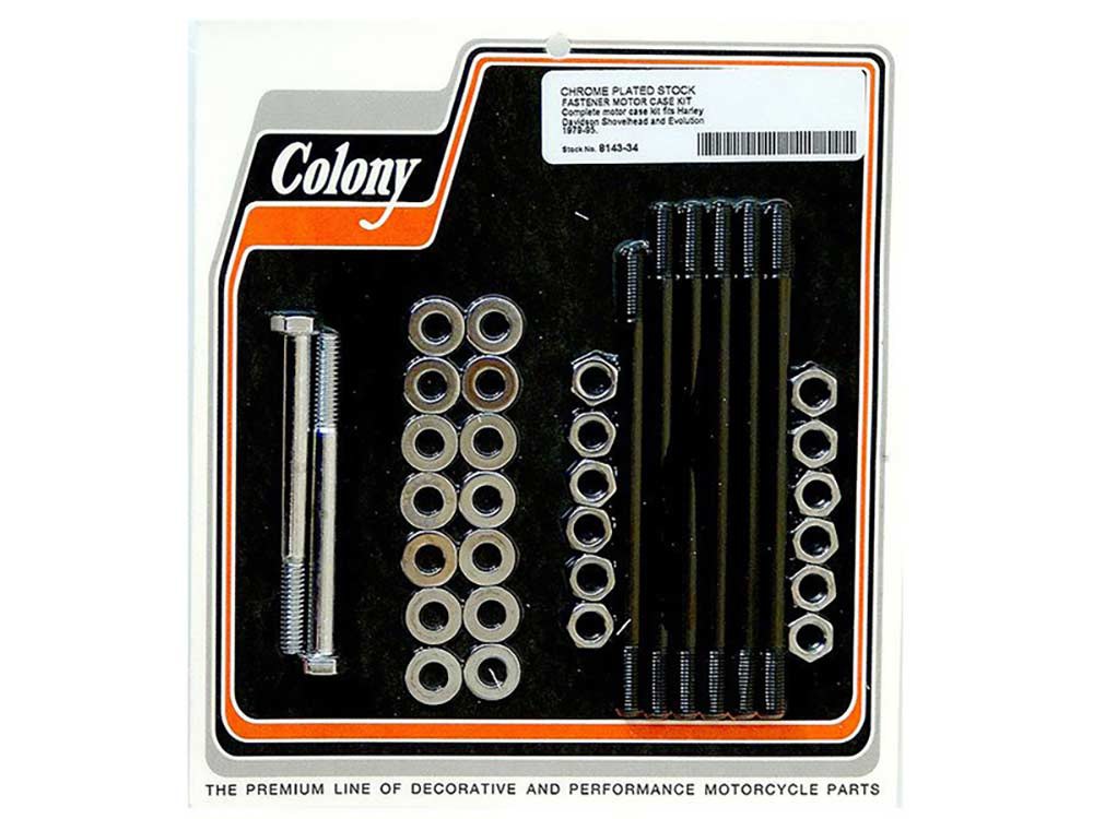 Stock Motor Case Stud, Bolt & Nut Kit - Chrome. Fits Shovel & Evo 1979-1995.
