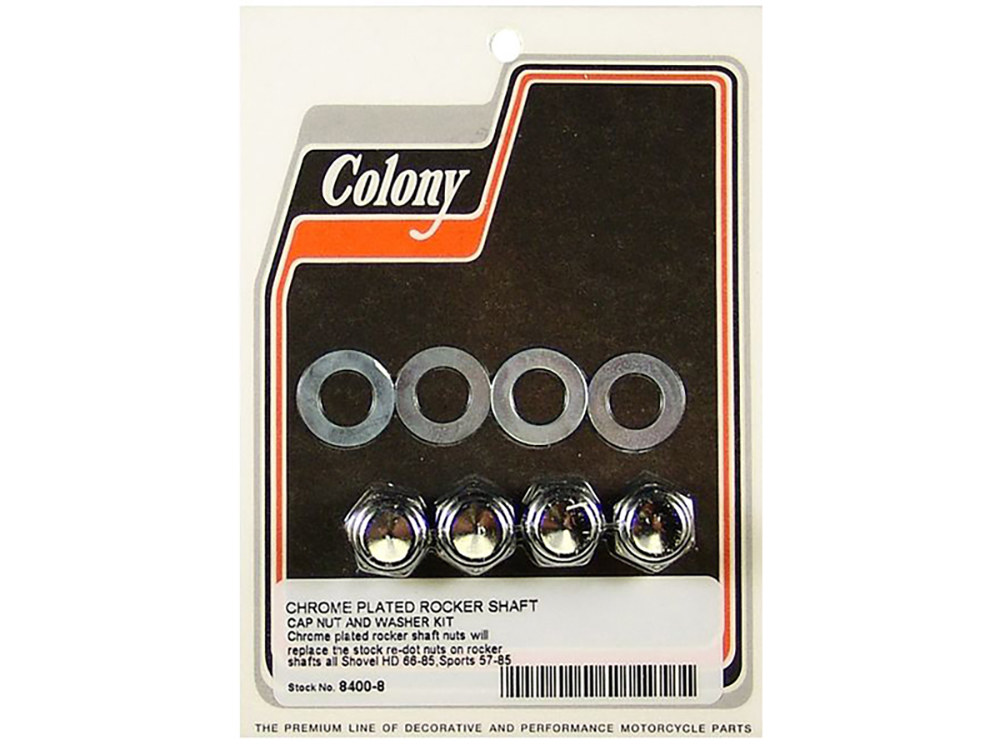 Cap Style Rocker Shaft Nuts - Chrome. Fits Big Twin 1966-1984 & Sportster 1957-1985.