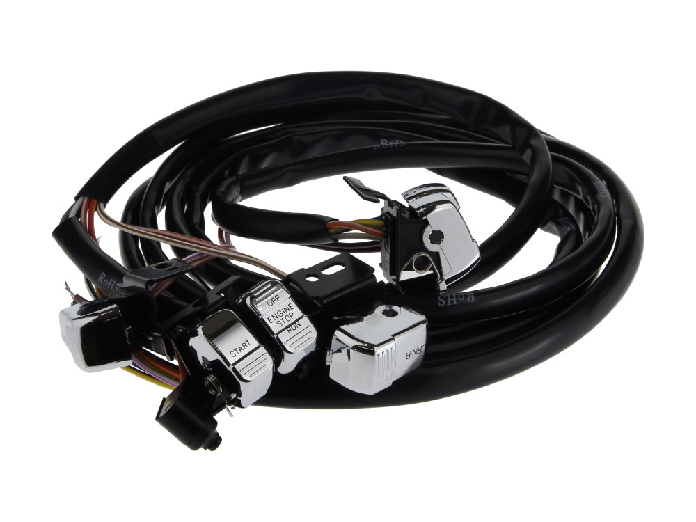60in. Handlebar Wiring Harness with Chrome Switches. Fits Softail 1996-2010, Dyna 1996-2011 & Sportster 1996-2013.