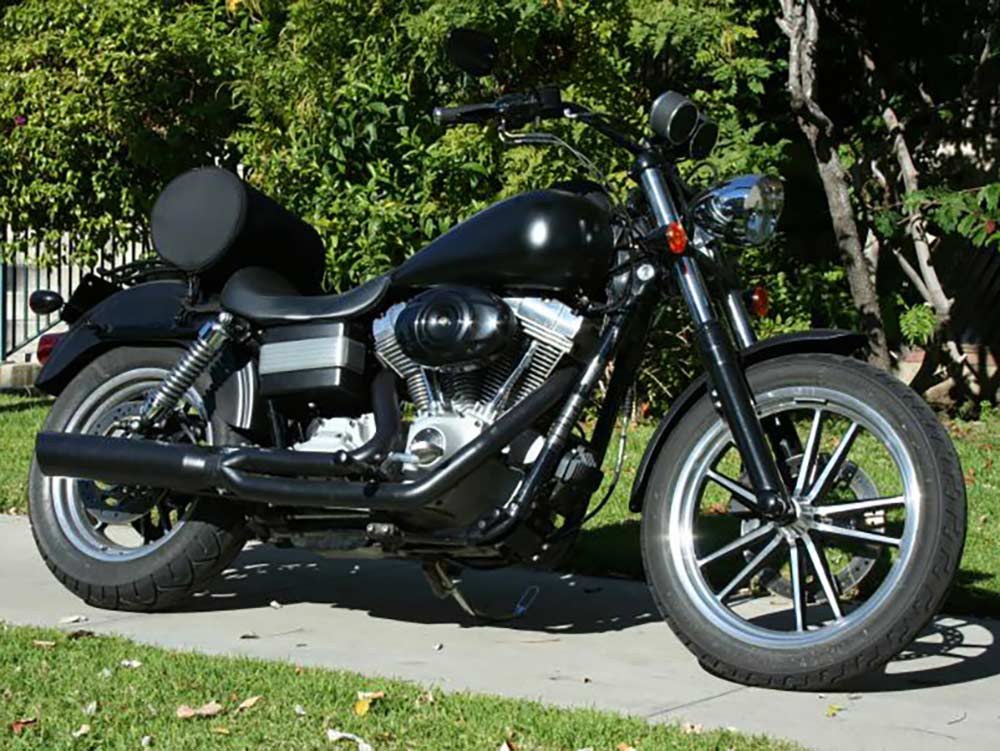 Fat Cat 2-into-1 Exhaust with Back Cut Straight Muffler - Black. Fits Dyna 1995-2005. 
