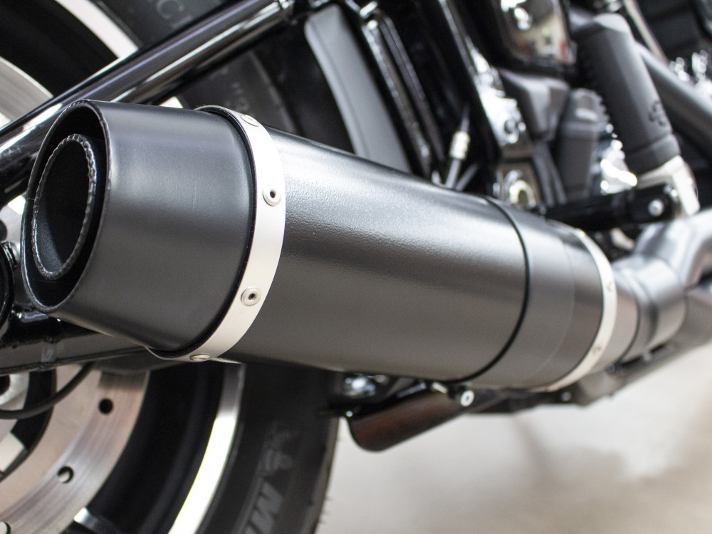 Bob Cat 2-into-1 Exhaust - Black with Black Satin Sleeve Muffler. Fits Softail 2018up Non-240 Tyre Models.