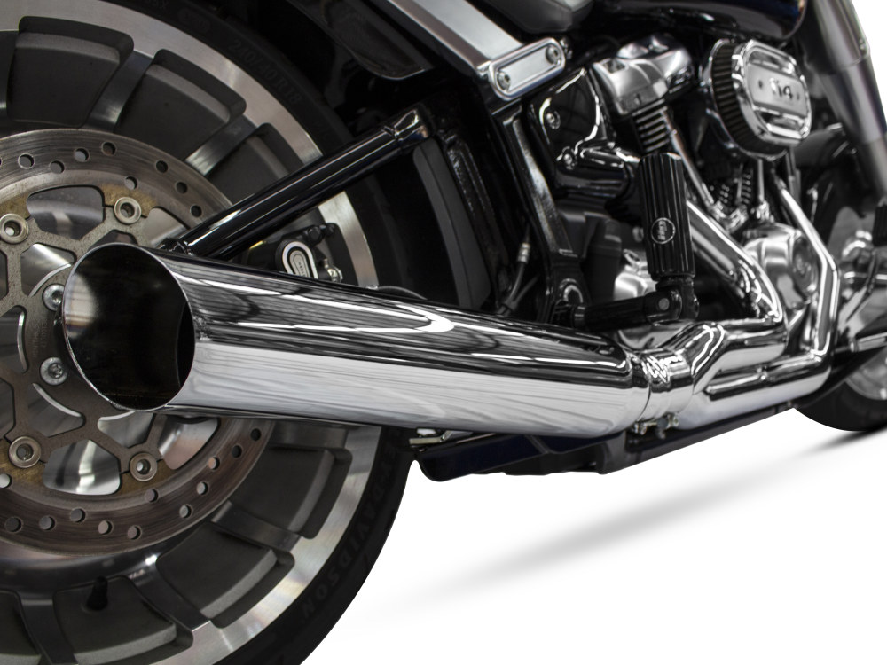Low Cat 2-into-1 Exhaust - Chrome. Fits Breakout & Fat Boy 2018up & FXDR 2019up.