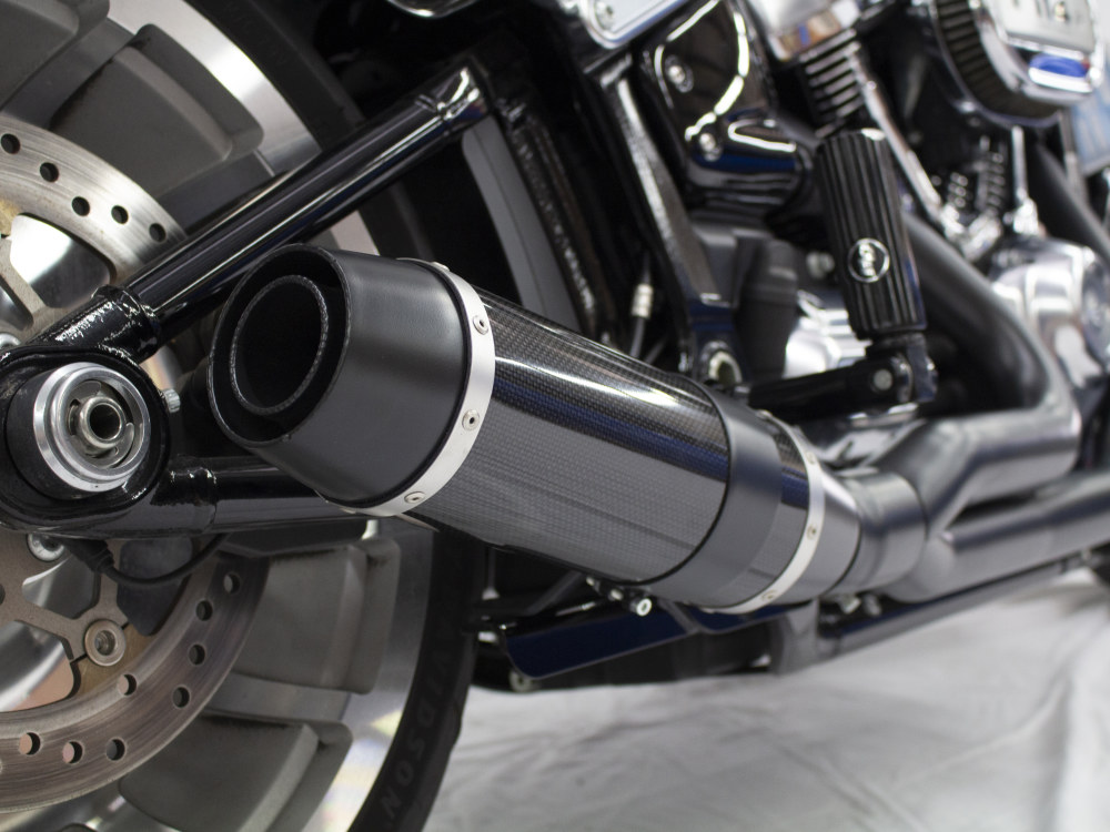 Bob Cat 2-into-1 Exhaust - Black with Carbon Fibre Sleeve Muffler. Fits  Breakout & Fat Boy 2018up & FXDR 2019up.