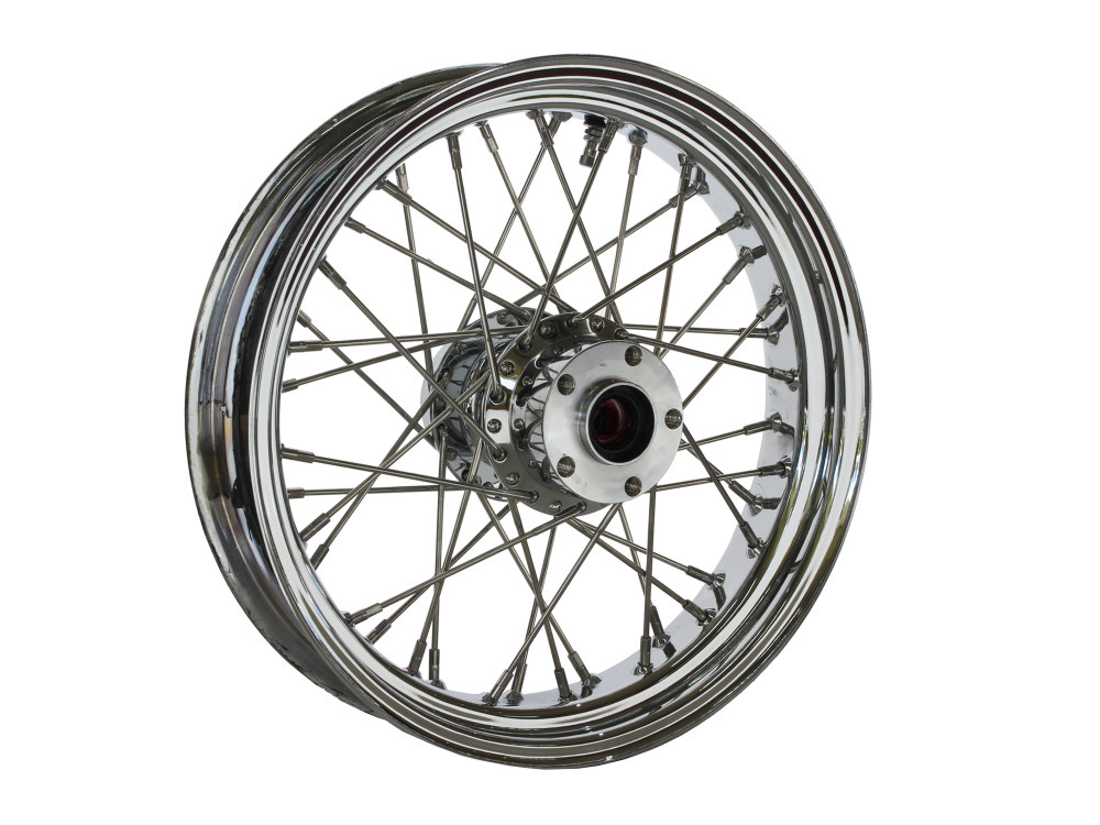 16in. x 3.5in. Rear 40 Spoke Cross Laced Wheel - Chrome. Fits Softail 1986-1999, Dyna 1991-1999, FXR 1986-1994 & Sportster 1986-1999.