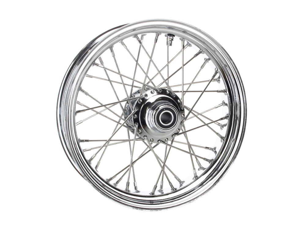 16in. x 3.5in. Front 40 Spoke Cross Laced Wheel - Chrome. Fits FL Softail 2000-2006, & FX Springer 2000-2007.