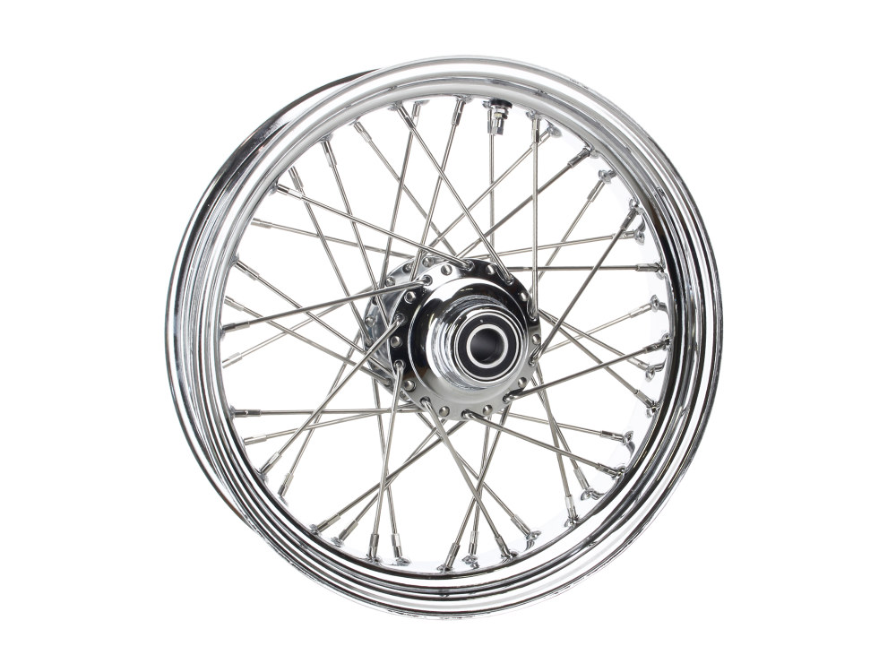 16in. x 3.5in. Front 40 Spoke Cross Laced Wheel – Chrome. Fits FL Softail 2007-2010.